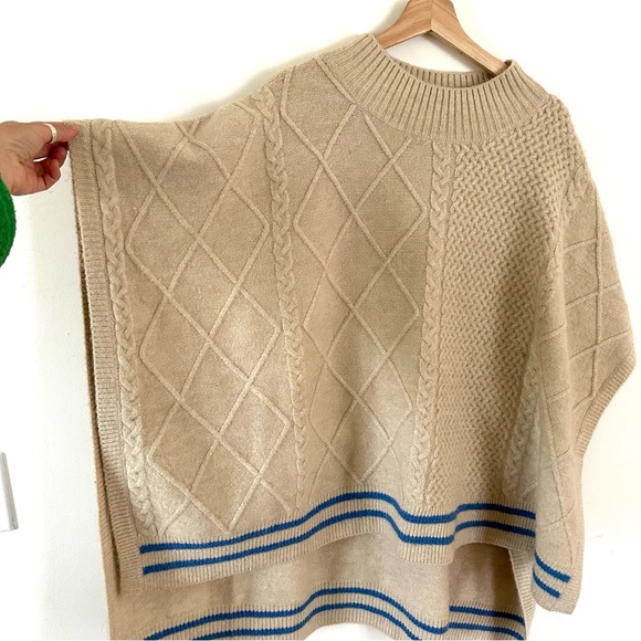 Free People Harbour Stripe Cable Poncho Cream Light Blue Stripe One Size - Picture 4 of 7